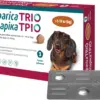 Упаковка жувальних таблеток Simparica Trio для собак масою 5-10 кг з зображенням собаки.