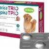 Упаковка жувальних таблеток Simparica Trio для собак вагою від 20 до 40 кг з зображенням собаки на коробці.