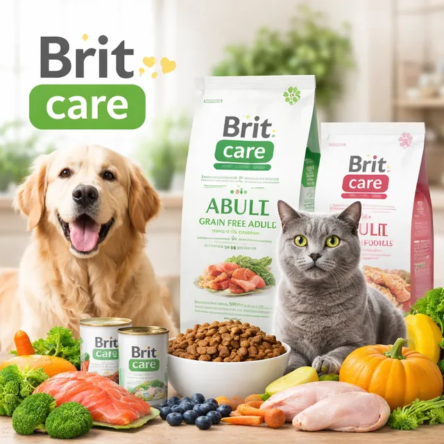 Золотистий ретривер і кіт сидять поруч з кормами та свіжими продуктами для тварин.