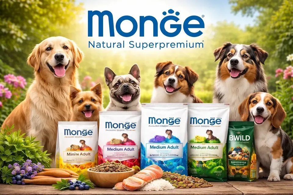 Група собак на фоні природи з упаковками корму Monge.