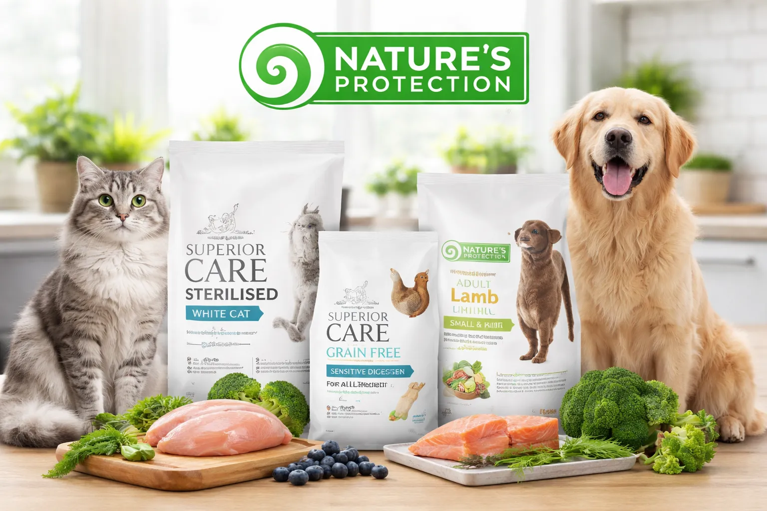 Кіт і собака поруч з упаковками корму для тварин на кухонному столі.