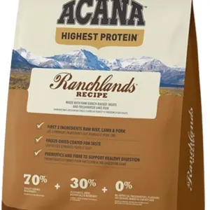 Пакет корму для собак ACANA Ranchlands з гірським пейзажем на фоні.