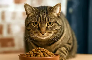 Смугастий кіт їсть сухий корм для кота з миски