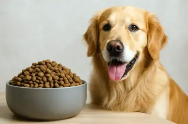 якісний корм для собаки у мисці поруч із золотистим ретривером