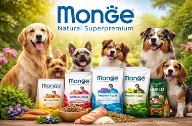 Група собак на фоні природи з упаковками корму Monge.